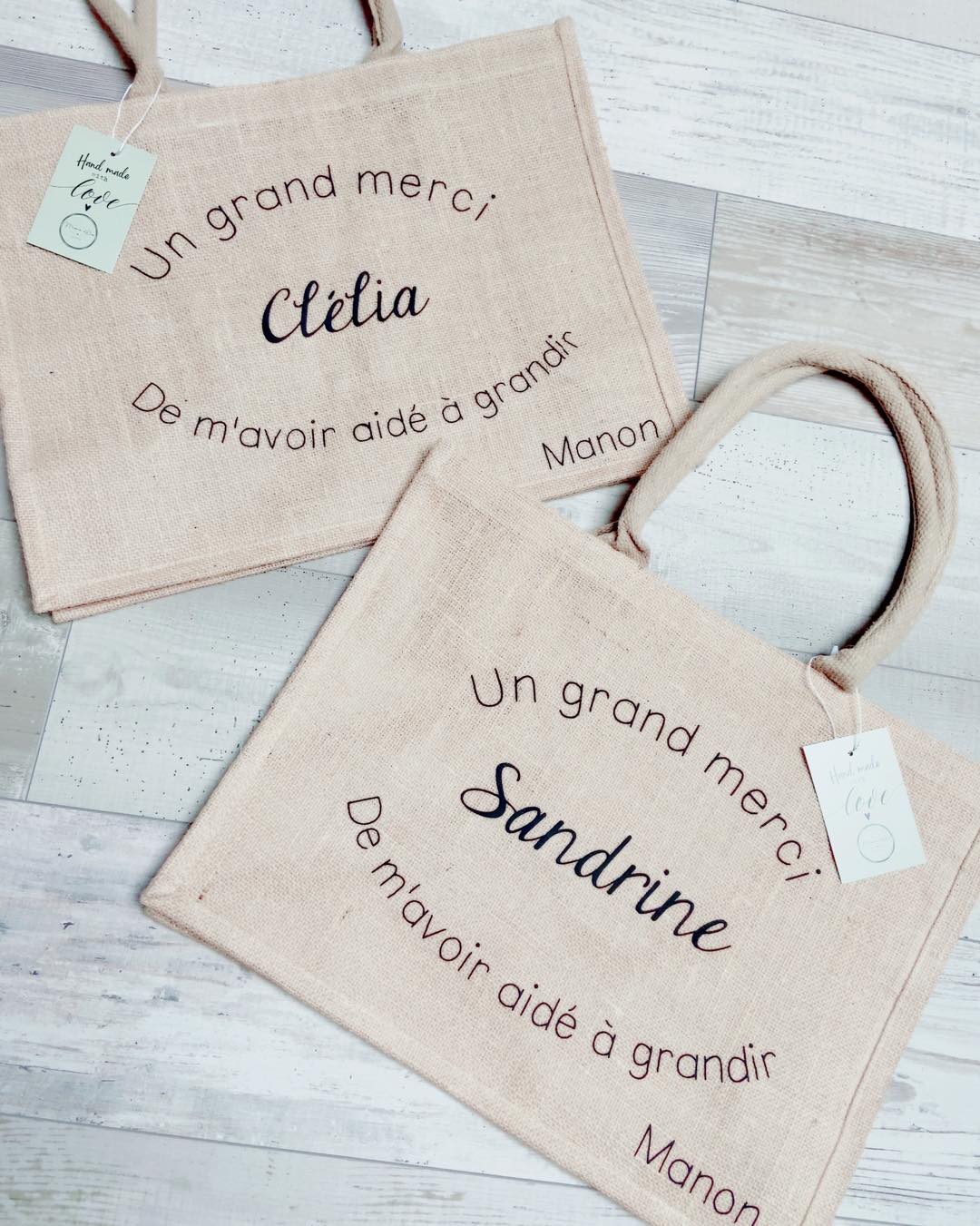 Sac cabas en toile de jute - Modèle "Merci de m'avoir aidé(e) à grandir"