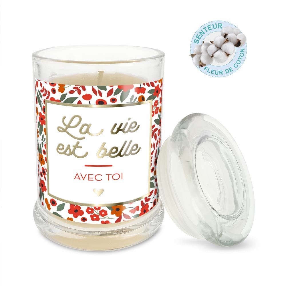 Bougie verre coton la vie est belle