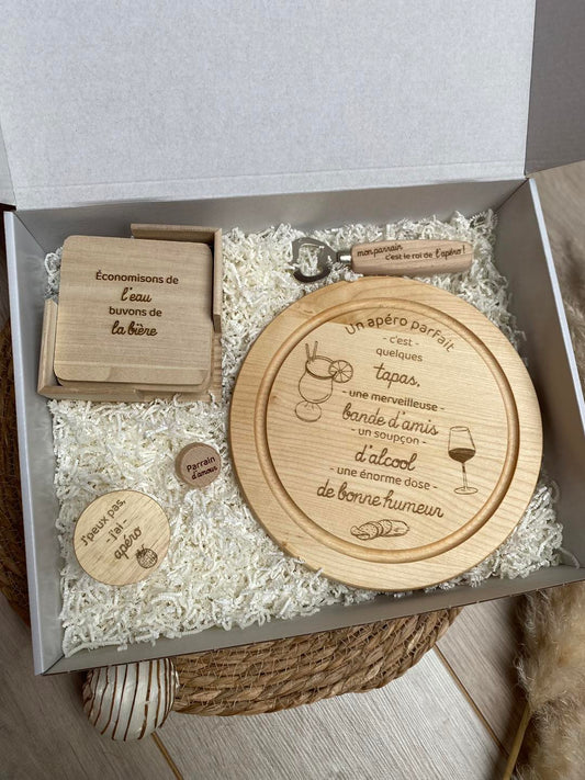 Coffret “Apéro” – planche & accessoires gravés