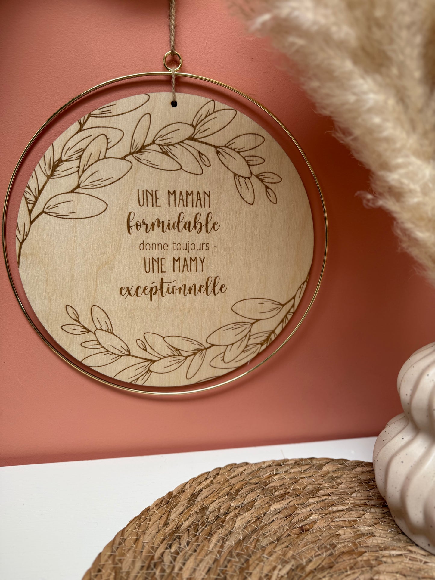 Suspension en bois personnalisée – Cercle doré 33 cm ✨🌿