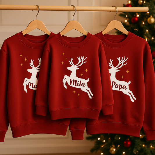 Pull rouge de Noël Famille - Renne