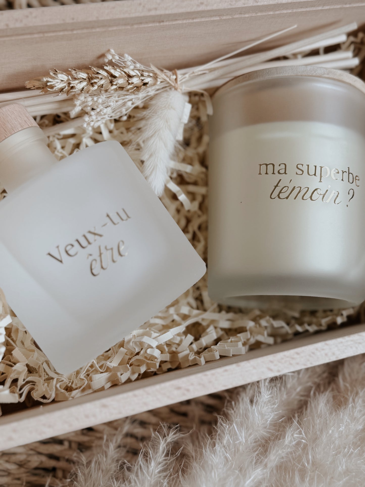 Coffret en bois, bougie et diffuseur - demande marraine