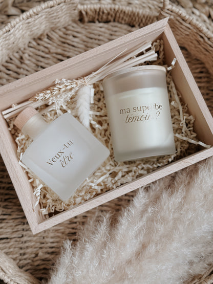 Coffret en bois, bougie et diffuseur - demande marraine