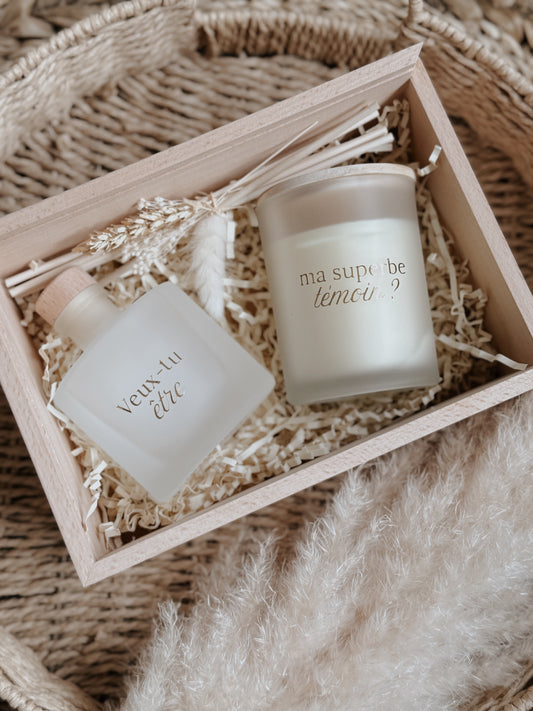 Coffret en bois, bougie et diffuseur - demande marraine
