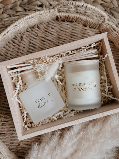 Coffret en bois, bougie et diffuseur - demande marraine