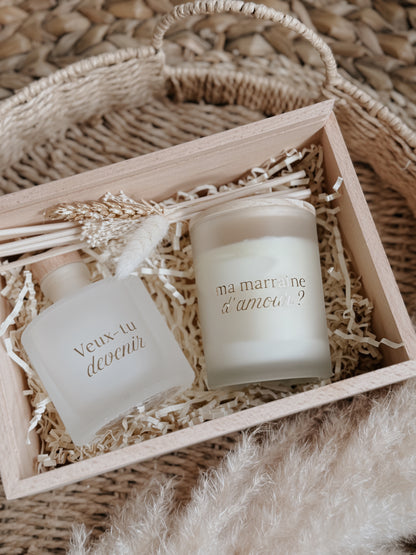 Coffret en bois, bougie et diffuseur - demande marraine