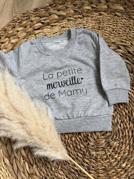 Pull gris chiné 6-9mois "La petite merveille de mamy"