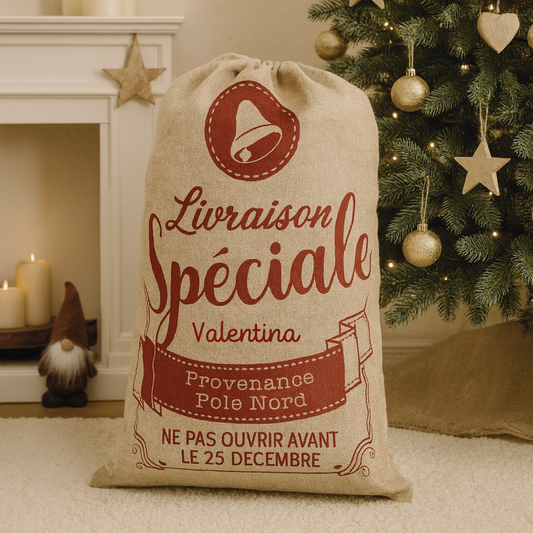 Hotte de Noël en jute – « Livraison spéciale »